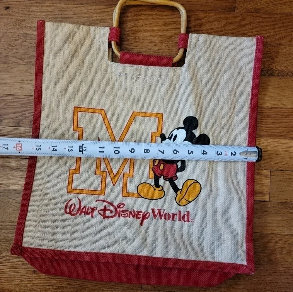 Vintage Disney Mickey Mouse Canvas Burlap Tote Bag with Wooden Handles
